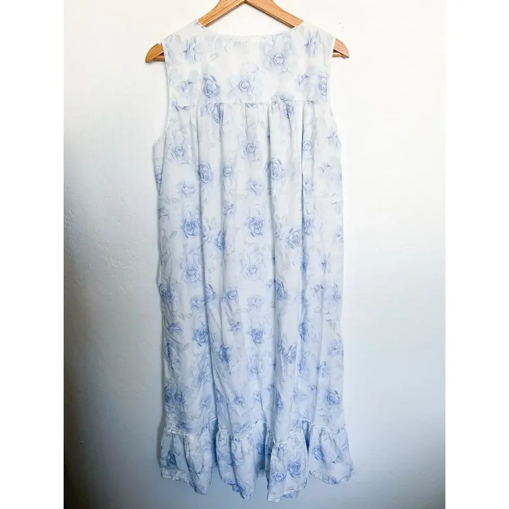 Eileen West Long Nightgown XL White Blue Floral Sleeveless Lace Cottage - Picture 6 of 7